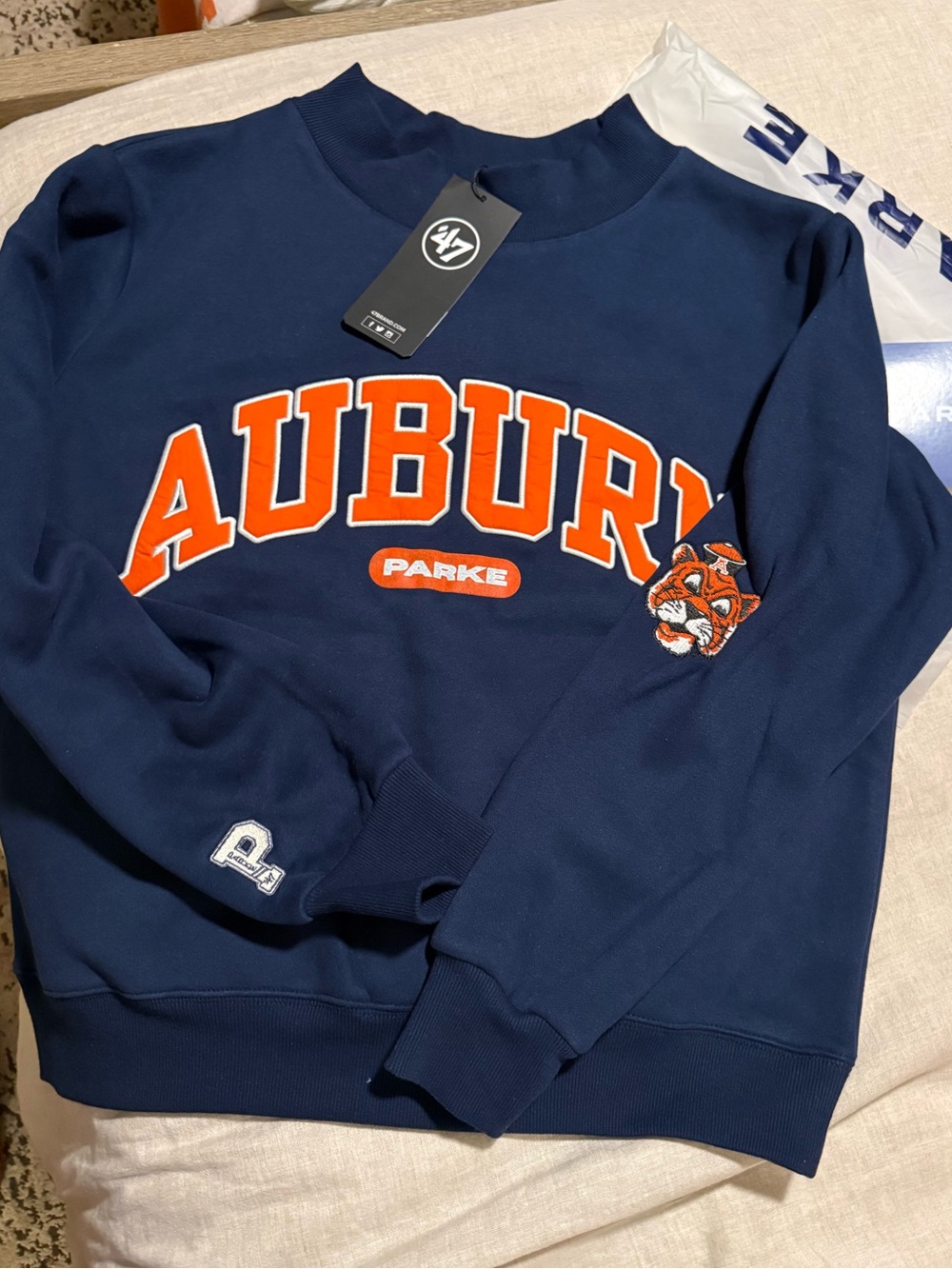 PARKE 47 Navy Crewneck Sweatshirt with Orange Auburn Applique and Aubie Patch